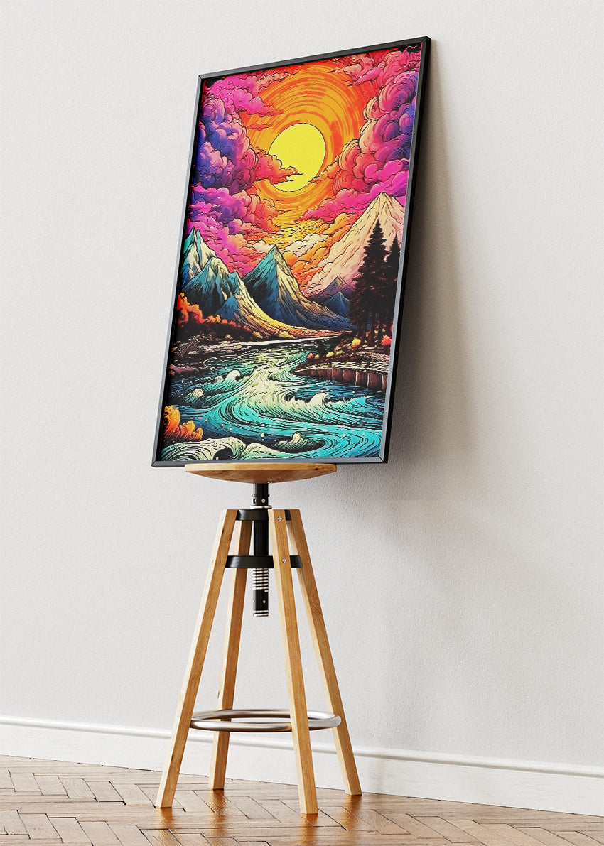Psychedelic Mountain River Sunset – Vibrant Surreal Landscape Wall Art Poster & Canvas – AI PRINT LAB
