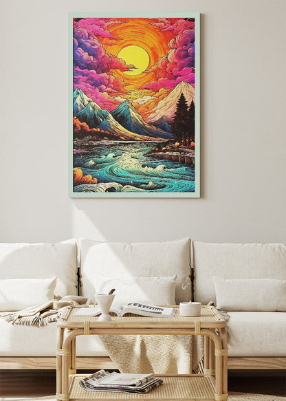 Psychedelic Mountain River Sunset – Vibrant Surreal Landscape Wall Art Poster & Canvas – AI PRINT LAB