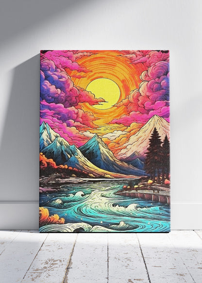 Psychedelic Mountain River Sunset – Vibrant Surreal Landscape Wall Art Poster & Canvas – AI PRINT LAB