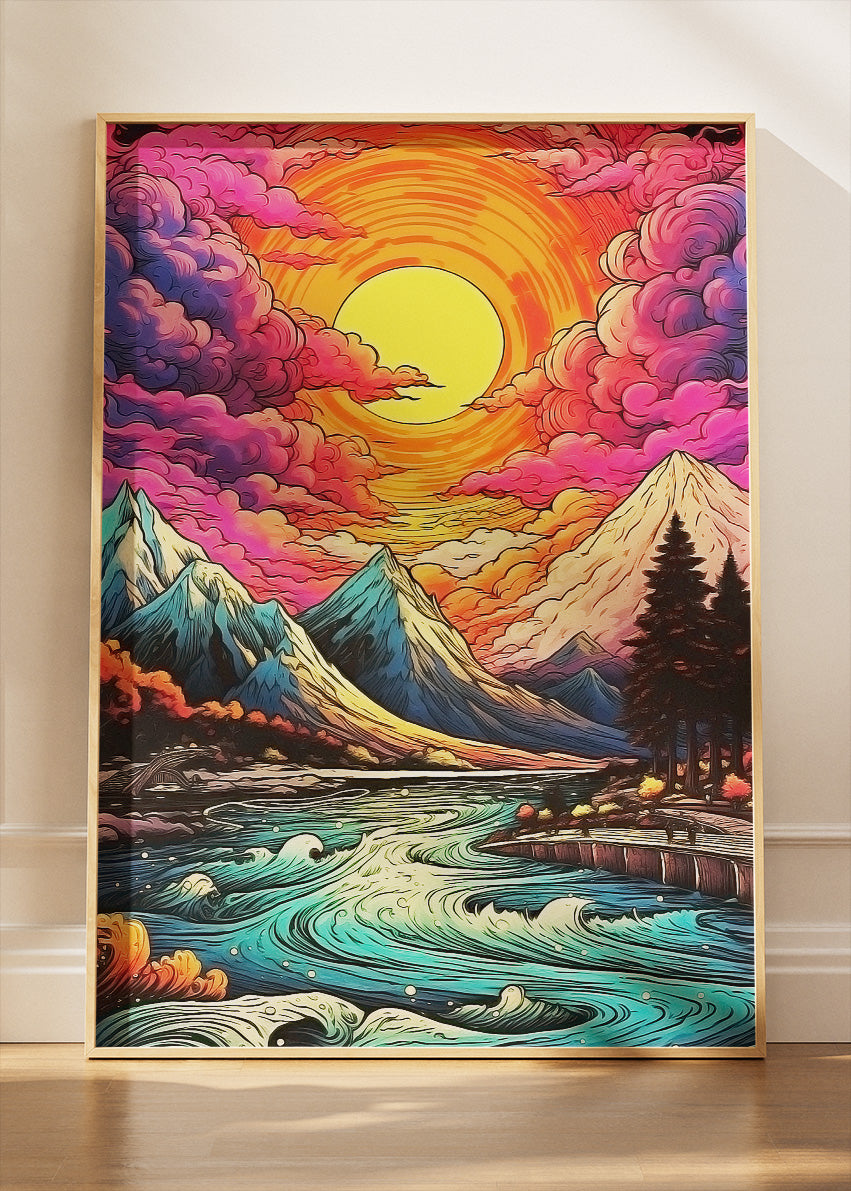 Psychedelic Mountain River Sunset – Vibrant Surreal Landscape Wall Art Poster & Canvas – AI PRINT LAB
