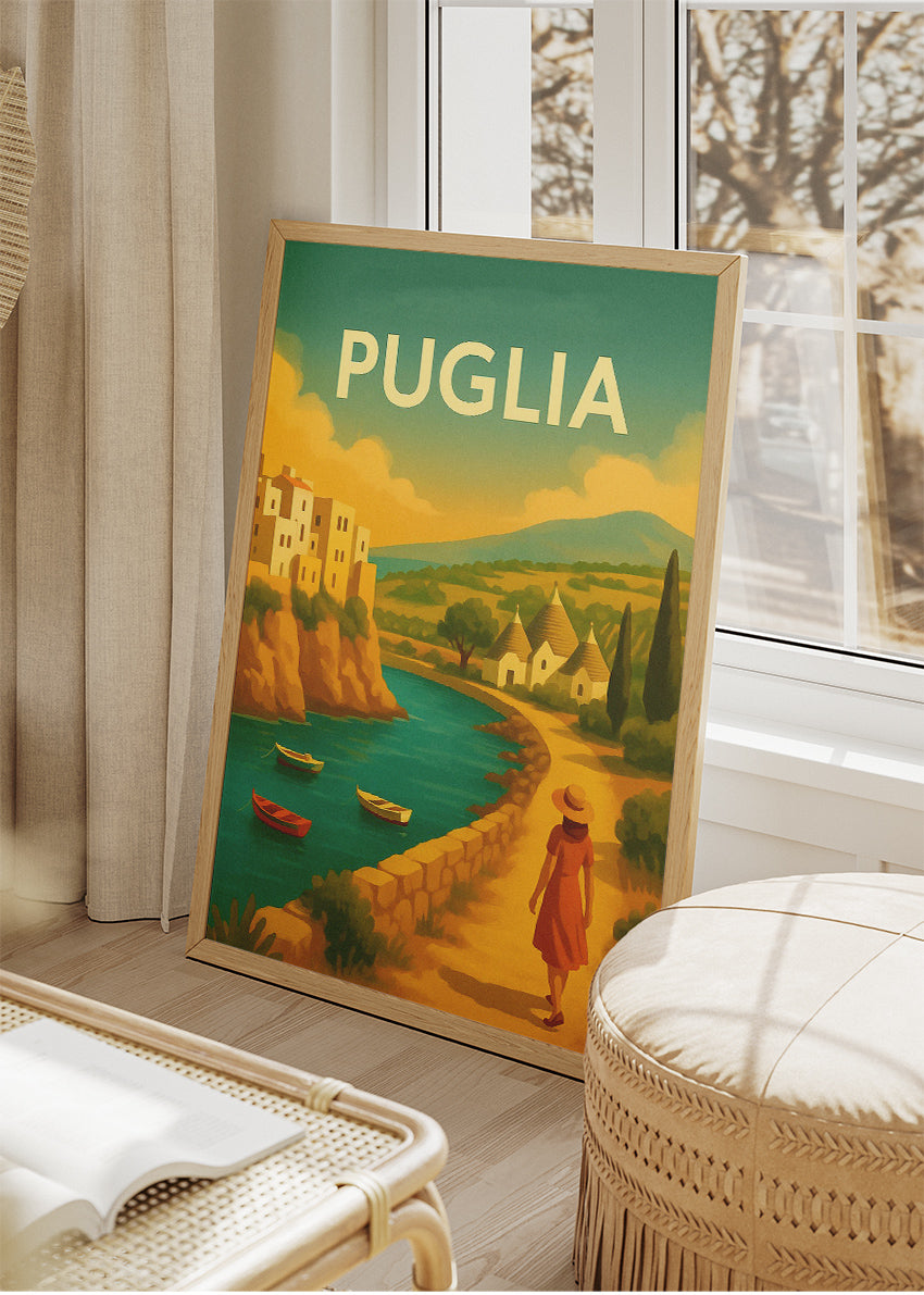 Puglia Italy Poster & Canvas Print – Illustrated Coastal Village Art