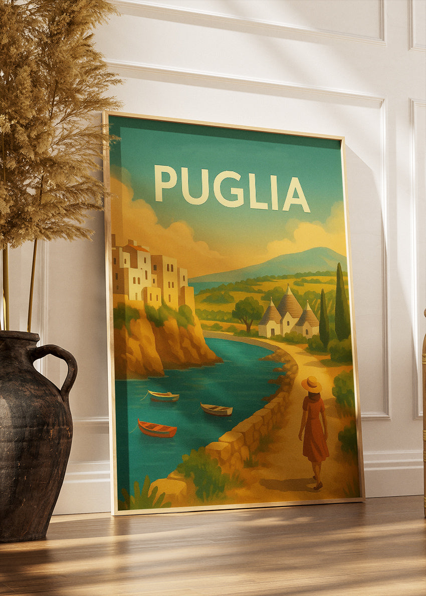 Puglia Italy Poster & Canvas Print – Illustrated Coastal Village Art