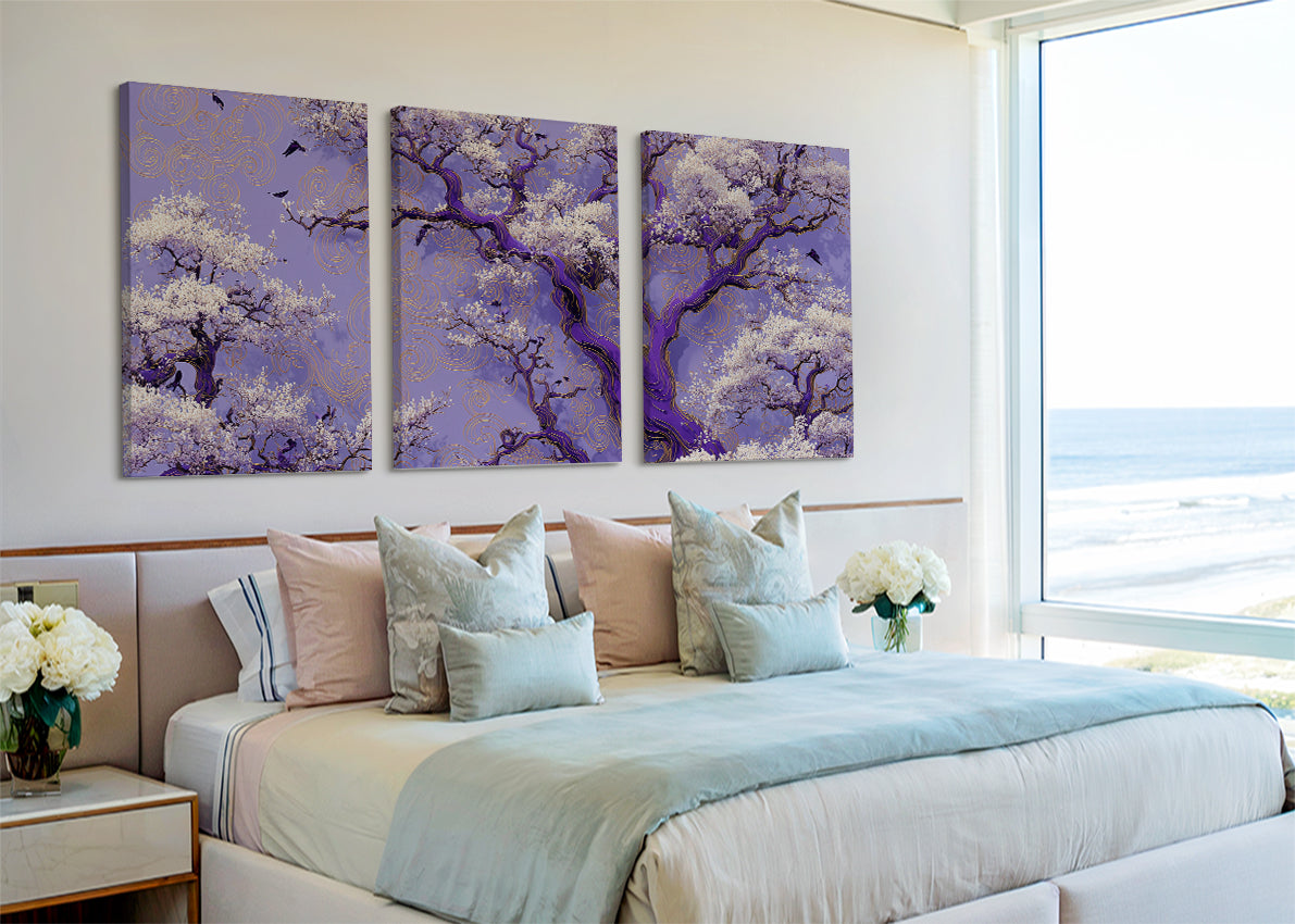 Purple Blossom Tree Canvas Wall Art – Elegant Floral Landscape – Single & 3 Panel Canvas – AI PRINT LAB