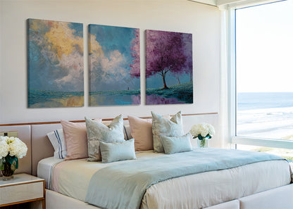 Purple Blossom Tree Landscape Canvas Wall Art – Single & 3 Panel Canvas – AI PRINT LAB