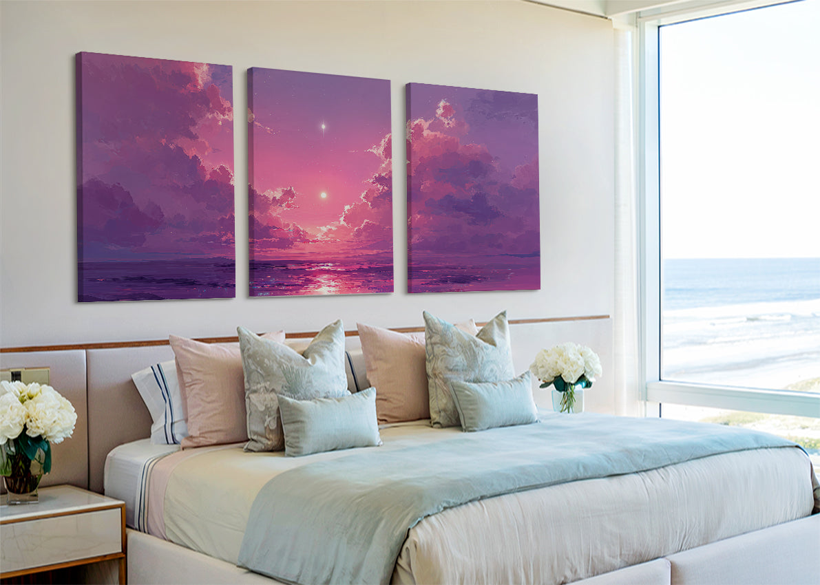 Purple Dream Sunset Canvas Wall Art – Fantasy Ocean Sky Canvas – Single & 3 Panel Canvas – AI PRINT LAB