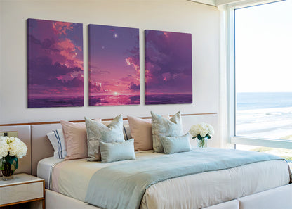 Purple Twilight Ocean Canvas Wall Art – Dreamy Sunset Seascape Canvas – Single & 3 Panel Canvas – AI PRINT LAB