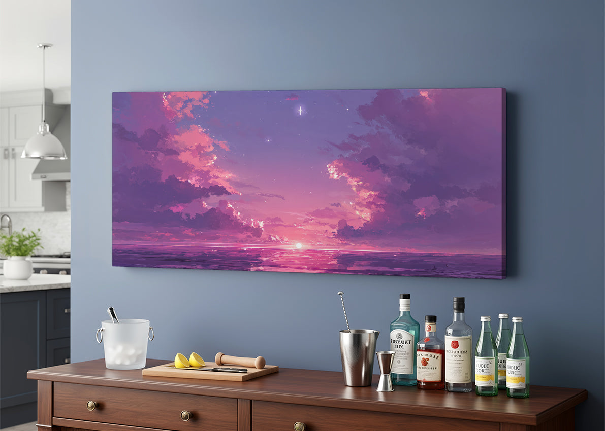 Purple Twilight Ocean Canvas Wall Art – Dreamy Sunset Seascape Canvas – Single & 3 Panel Canvas – AI PRINT LAB