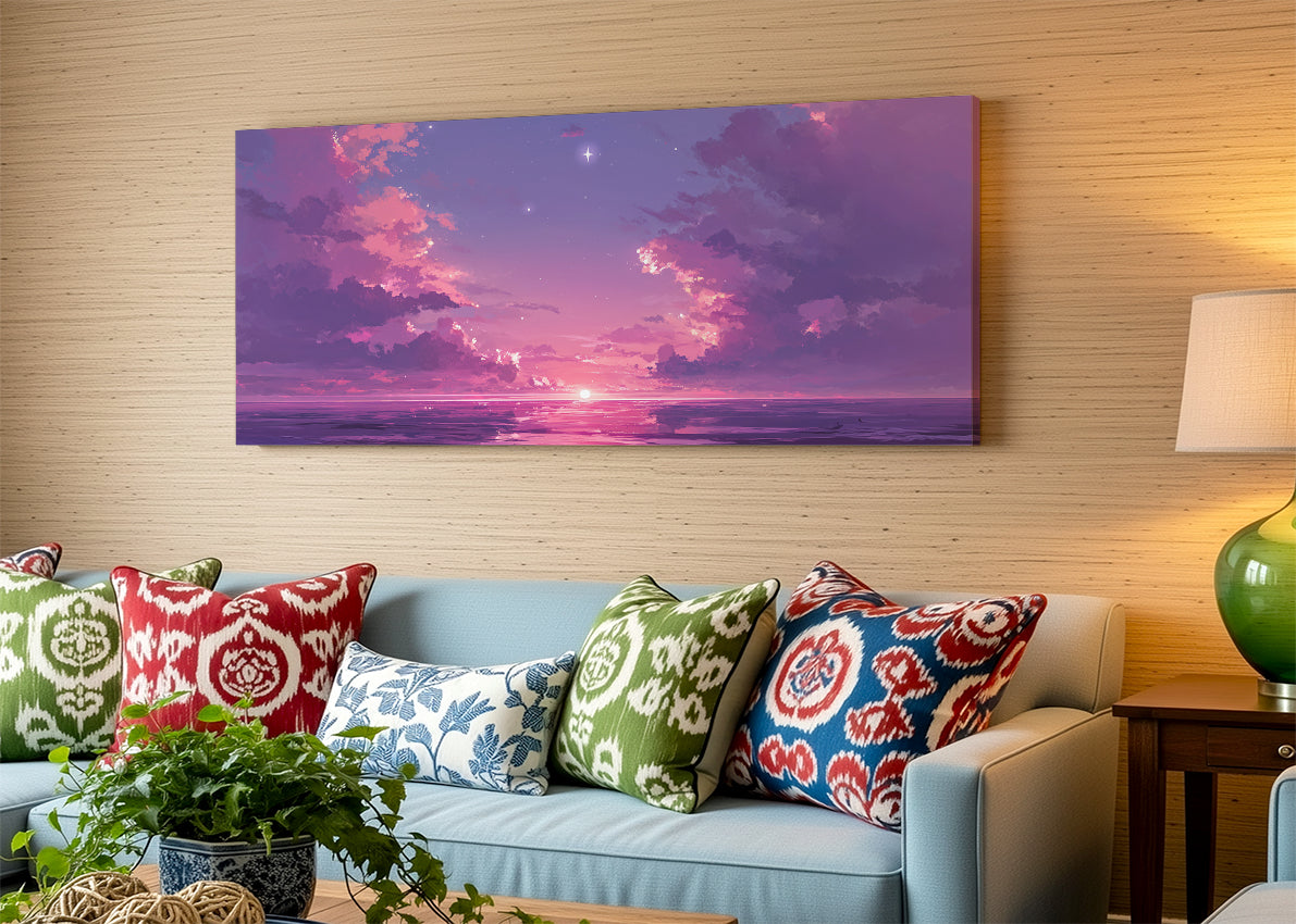 Purple Twilight Ocean Canvas Wall Art – Dreamy Sunset Seascape Canvas – Single & 3 Panel Canvas – AI PRINT LAB