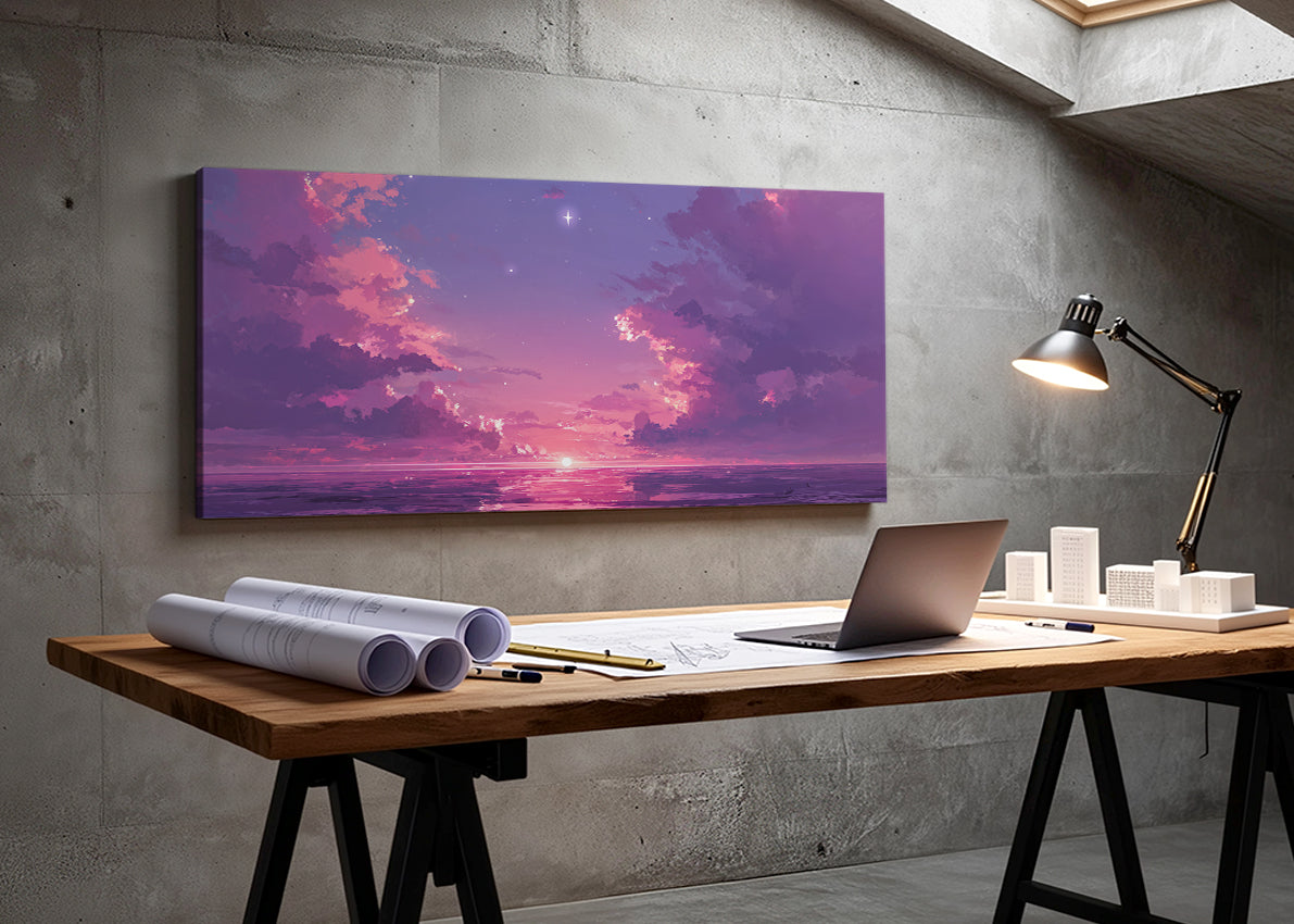 Purple Twilight Ocean Canvas Wall Art – Dreamy Sunset Seascape Canvas – Single & 3 Panel Canvas – AI PRINT LAB
