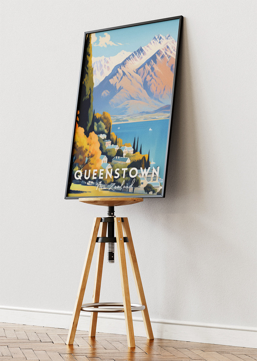 Queenstown New Zealand Poster & Canvas Print – Illustrated Alpine Lake Landscape Art