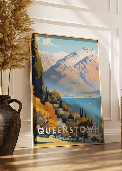 Queenstown New Zealand Poster & Canvas Print – Illustrated Alpine Lake Landscape Art
