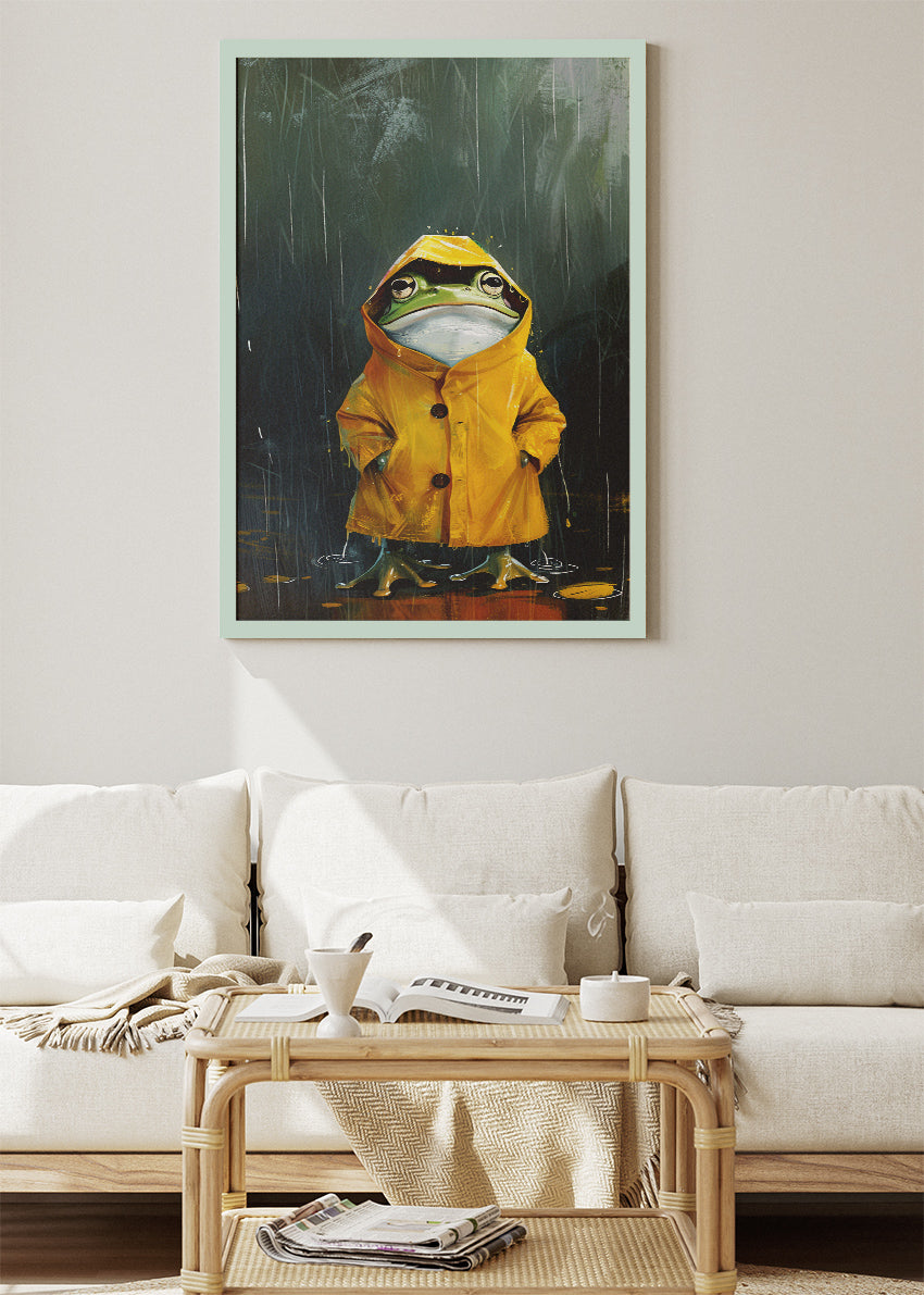 Raincoat Frog Art Print & Canvas – Whimsical Frog Wall Art in Rainy Mood