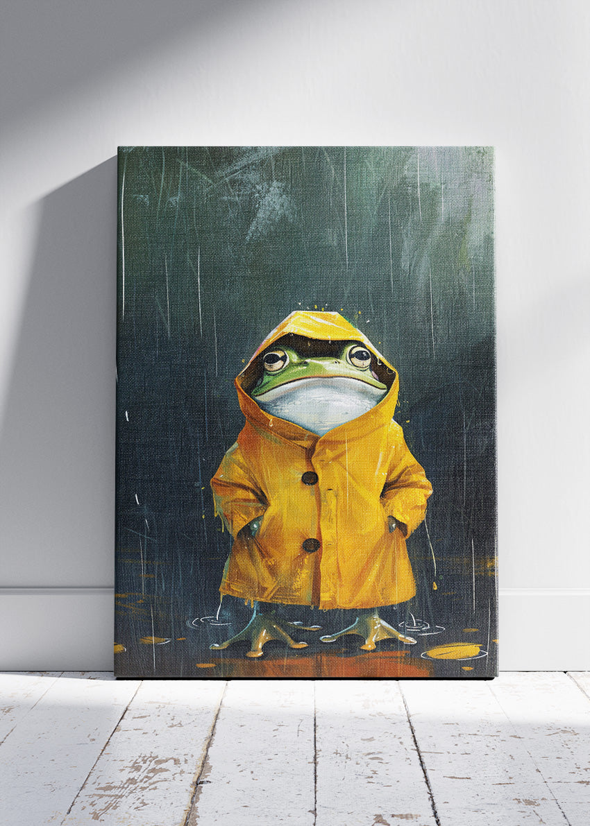 Raincoat Frog Art Print & Canvas – Whimsical Frog Wall Art in Rainy Mood