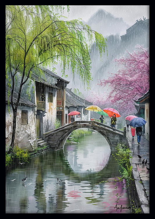 Rainy Bridge Stroll – Serene Asian Village Scene Canvas & Poster Wall Art – T1026 – AiPrintLab
