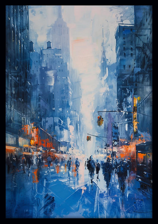 Rainy City Street in Blue – Urban Crowd & Lights Canvas & Poster Wall Art – T918 – AiPrintLab
