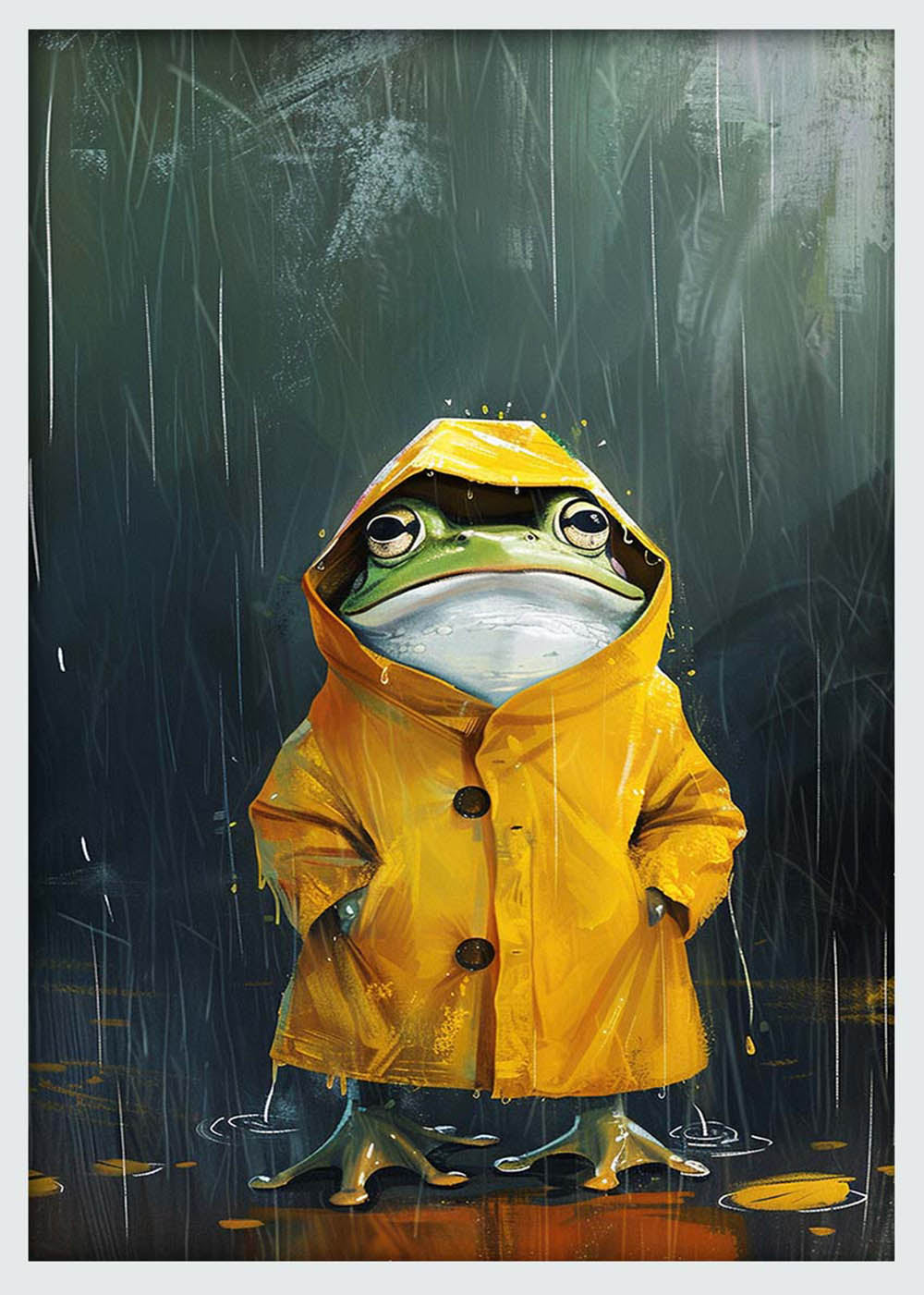 Rainy Day Frog Art – Cute Frog in Yellow Coat Canvas & Poster Print – T1098 – AiPrintLab