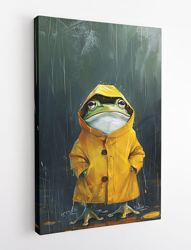 Rainy Day Frog Art – Cute Frog in Yellow Coat Canvas & Poster Print – T1098 – AiPrintLab