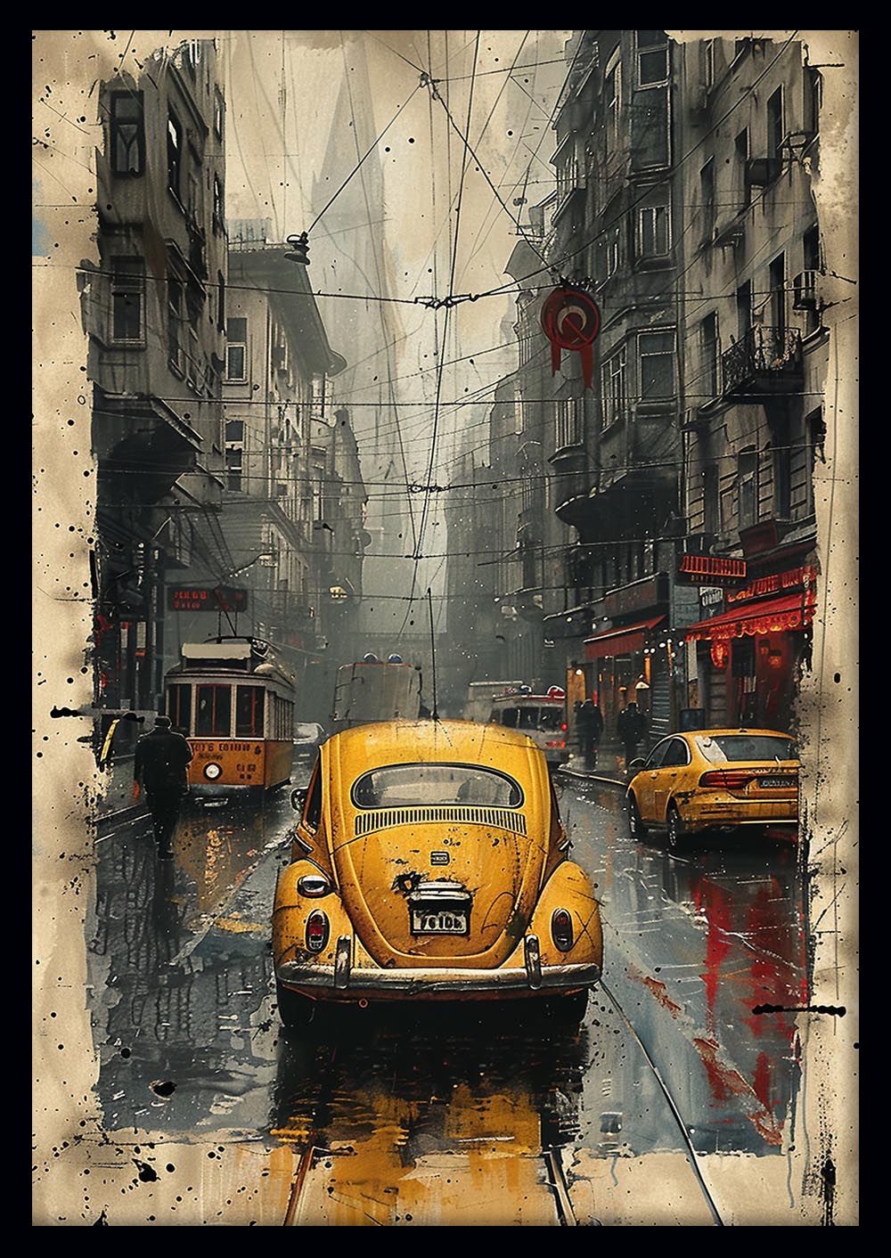 Rainy Street with Yellow Beetle – Vintage Urban Canvas Wall Art & Poster Print – T1120 – AiPrintLab