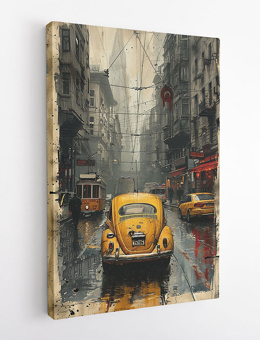 Rainy Street with Yellow Beetle – Vintage Urban Canvas Wall Art & Poster Print – T1120 – AiPrintLab