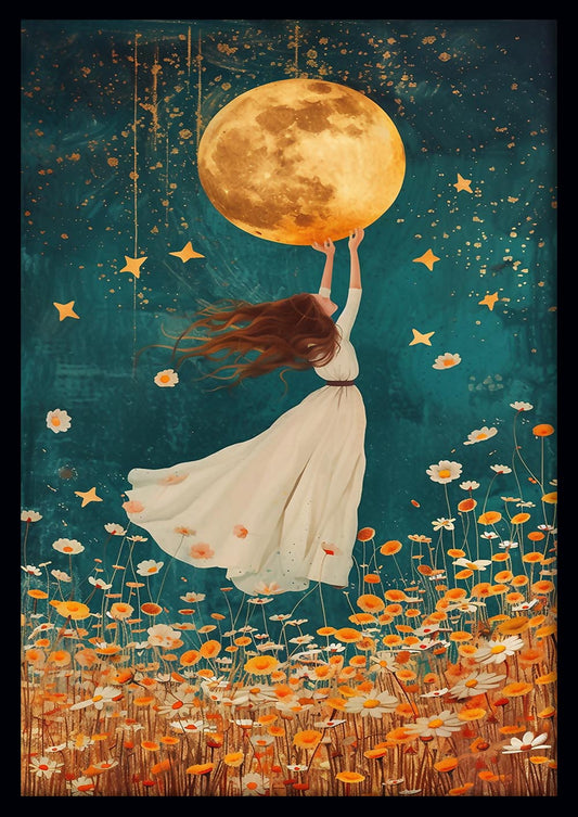 Reaching for the Moon – Whimsical Night Garden Canvas & Poster Art – T807 – AiPrintLab