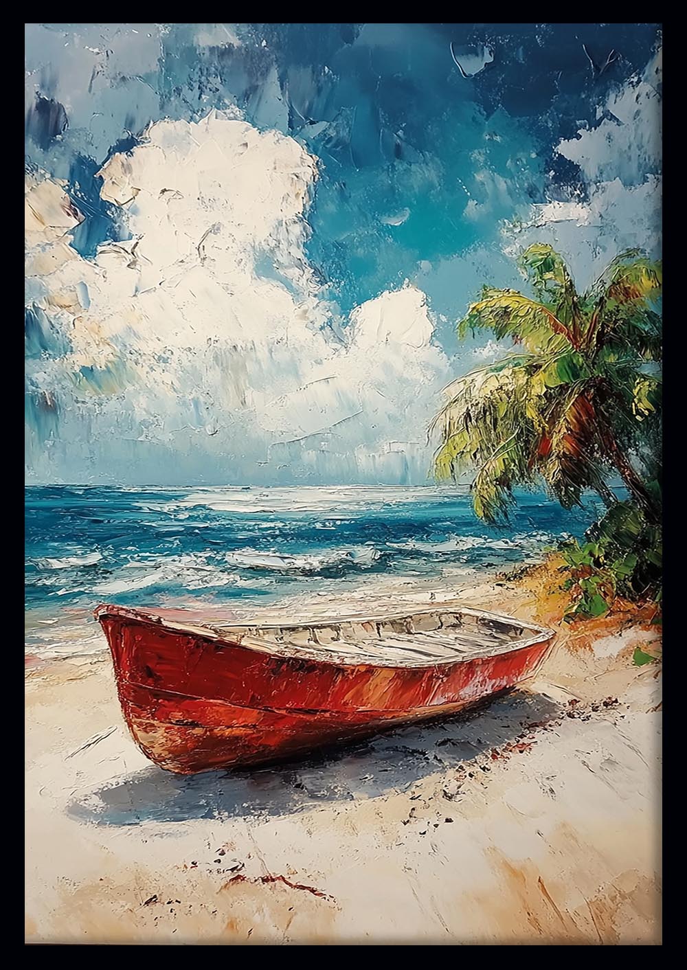 Red Boat on Tropical Shore – Coastal Palette Knife Canvas & Poster Print – T1427 –