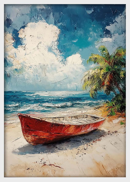 Red Boat on Tropical Shore – Coastal Palette Knife Canvas & Poster Print – T1427 –