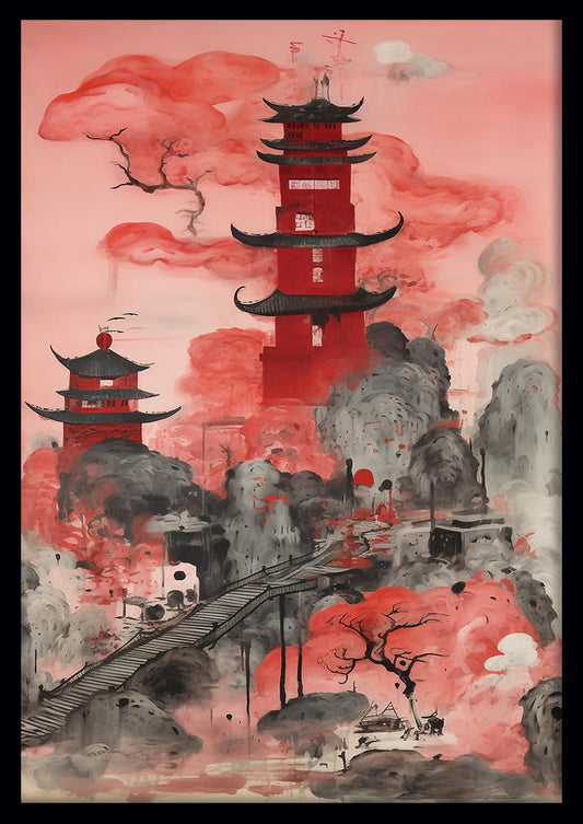 Red Pagoda Misty Landscape Wall Art – T506 – AiPrintLab
