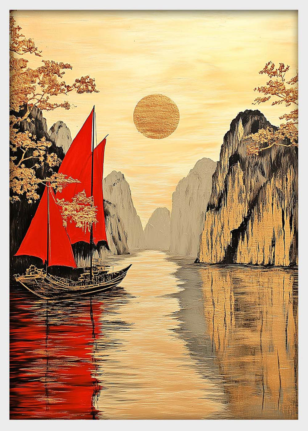 Red Sails & Golden Mountains Wall Art – Asian-Inspired Canvas & Poster Print – T1399 –