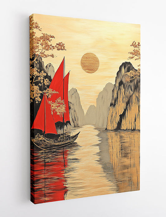Red Sails & Golden Mountains Wall Art – Asian-Inspired Canvas & Poster Print – T1399 –