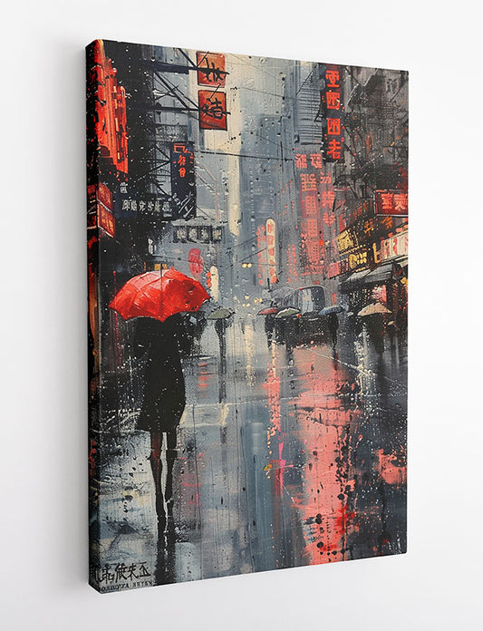 Red Umbrella in Rainy City – Moody Urban Night Canvas Wall Art & Poster Print – T1118 – AiPrintLab