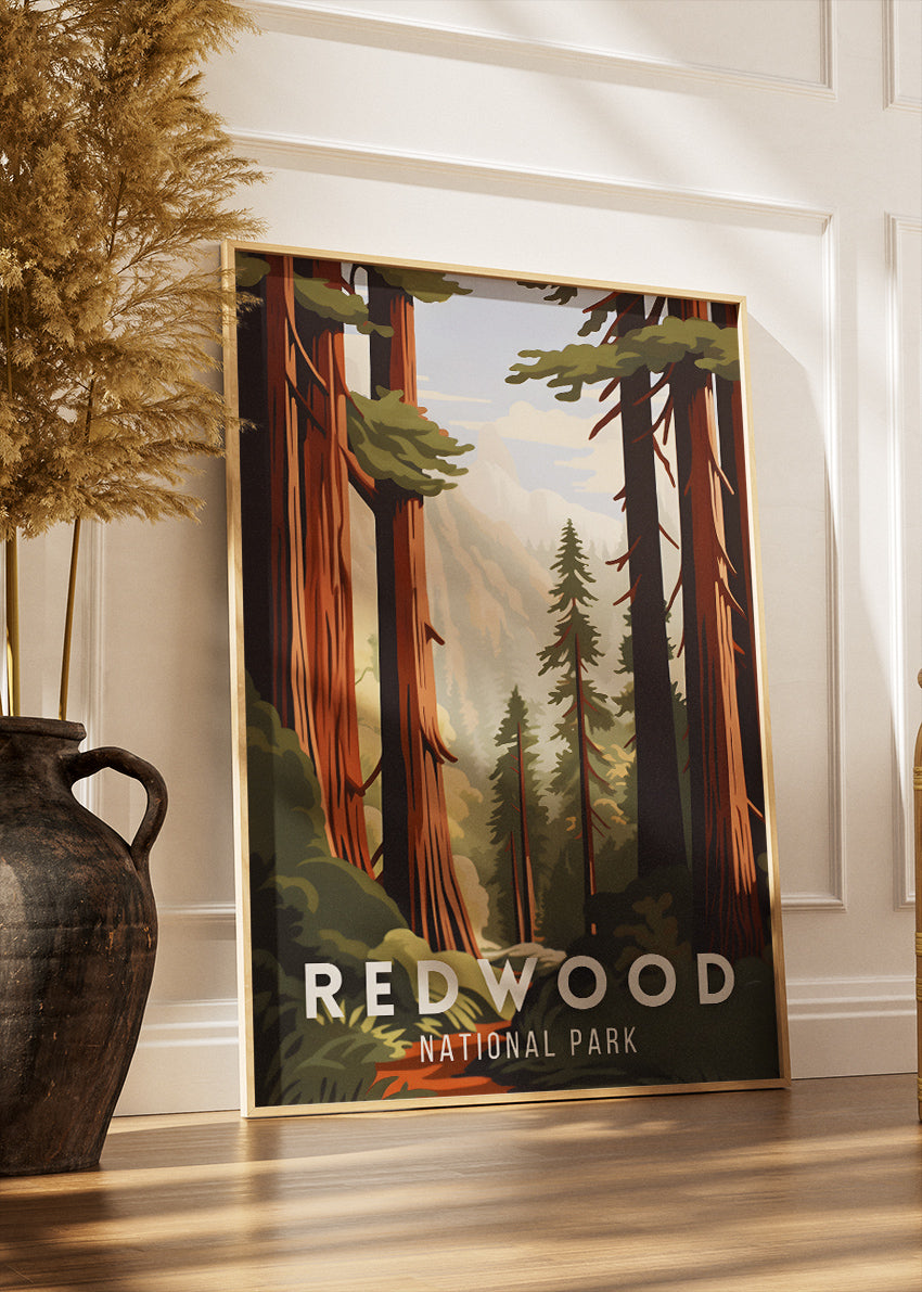 Redwood National Park Poster & Canvas Print – Illustrated California Forest Wall Art