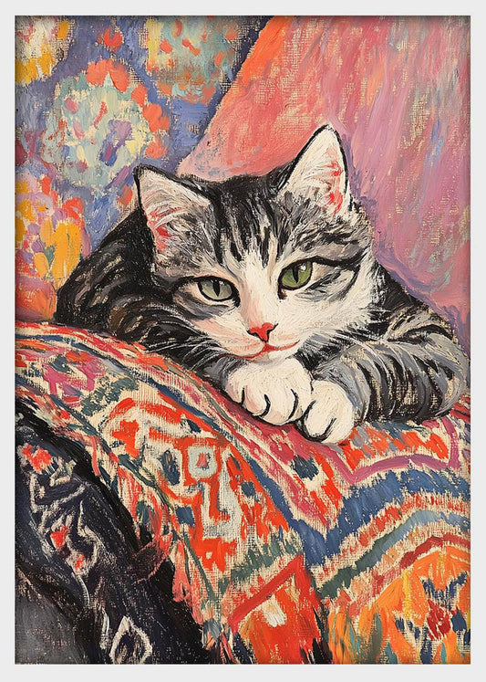 Resting Tabby Cat on Colorful Textiles – Cozy Painted Cat Canvas & Poster Wall Art – T1291 – AiPrintLab
