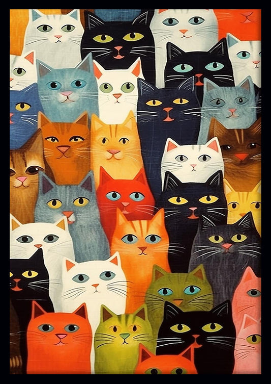 Retro Colorful Cat Crowd Illustration Print – T513 – AiPrintLab