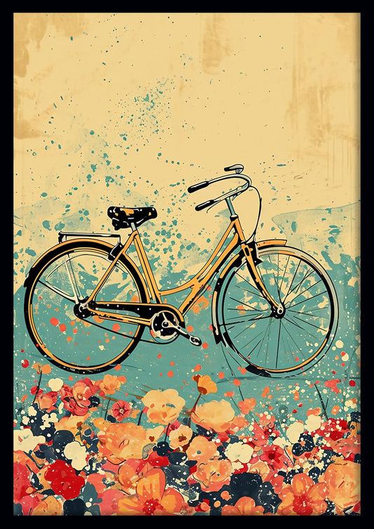 Retro Yellow Bicycle in Bloom – Vintage Floral Bike Canvas Print – T855 – AiPrintLab