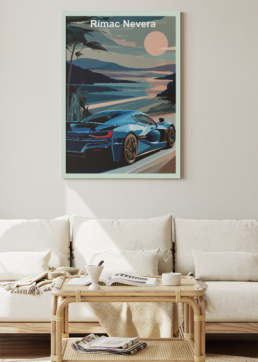 Rimac Nevera Coastal Drive Canvas Print & Poster – Electric Hypercar Scenic Wall Art – AI PRINT LAB