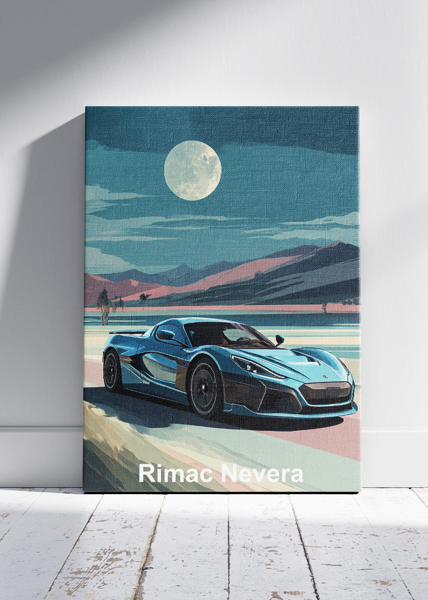 Rimac Nevera Moonlight Landscape Canvas Print & Poster – Electric Hypercar Night Wall Art – AI PRINT LAB