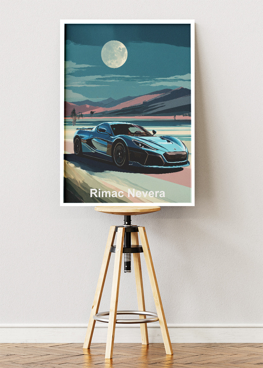 Rimac Nevera Moonlight Landscape Canvas Print & Poster – Electric Hypercar Night Wall Art – AI PRINT LAB