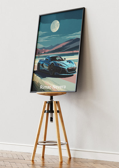 Rimac Nevera Moonlight Landscape Canvas Print & Poster – Electric Hypercar Night Wall Art – AI PRINT LAB