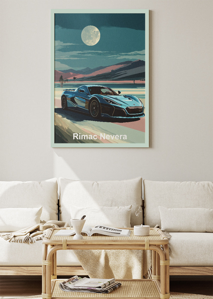 Rimac Nevera Moonlight Landscape Canvas Print & Poster – Electric Hypercar Night Wall Art – AI PRINT LAB