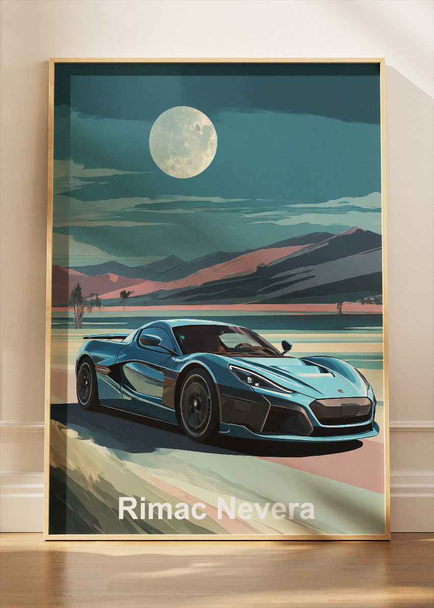 Rimac Nevera Moonlight Landscape Canvas Print & Poster – Electric Hypercar Night Wall Art – AI PRINT LAB