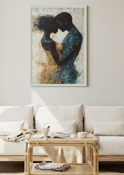 Romantic Abstract Couple Wall Art – Black and Gold Embrace Canvas Print & Modern Love Statement Poster for Bedroom Decor UK