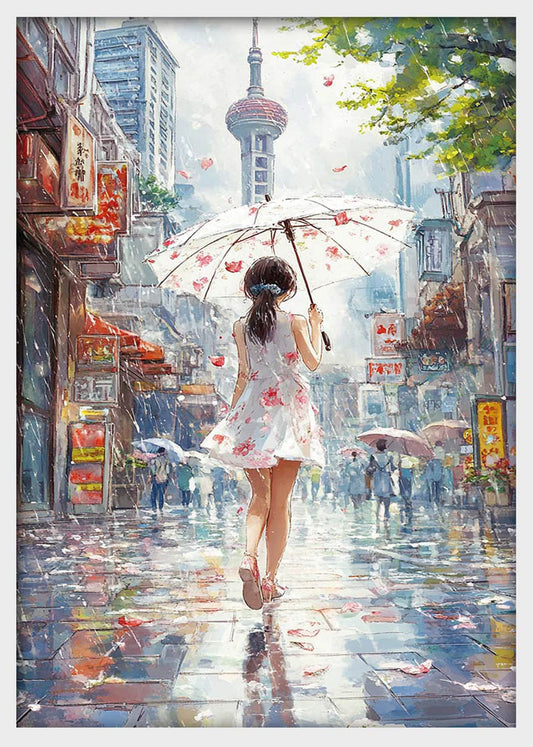 Romantic Girl in Rain Art Print, Floral Umbrella City Scene Canvas Poster, Dreamy Street Painting Style – T1377 – AIPrintLab