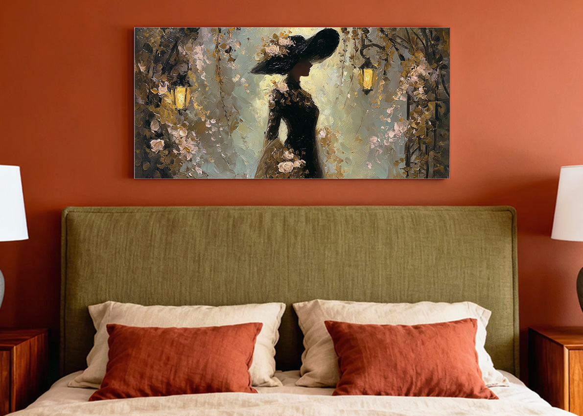 Romantic Golden Lantern Silhouette Canvas Wall Art – Single & 3 Panel Split – AI PRINT LAB