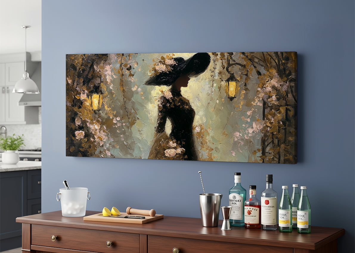 Romantic Golden Lantern Silhouette Canvas Wall Art – Single & 3 Panel Split – AI PRINT LAB