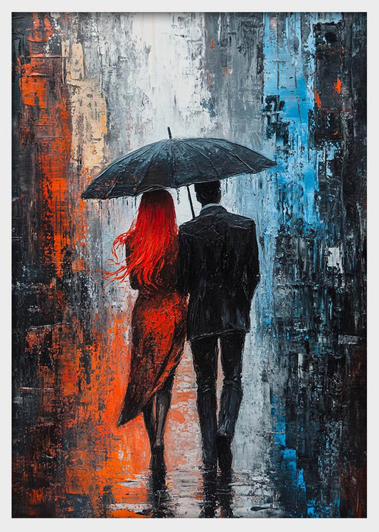 Romantic Couple in Rain Canvas Wall Art – Abstract Love Poster Print with Umbrella – T1310 – AiPrintlab