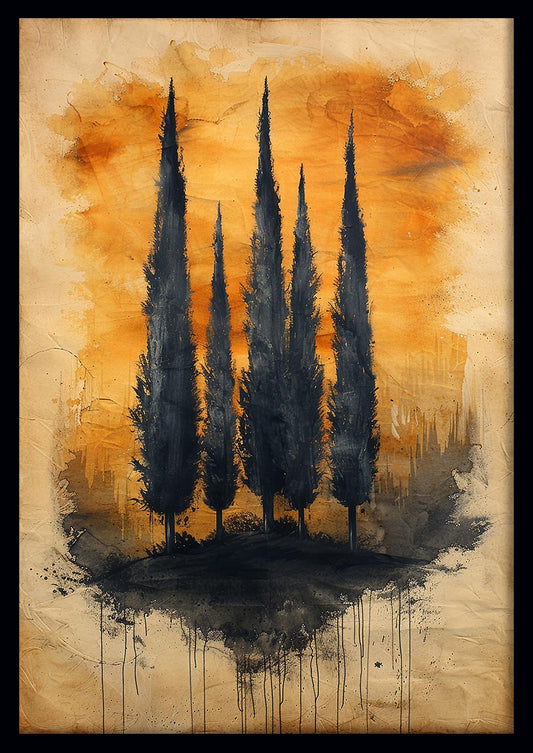 Rustic Cypress Trees – Dramatic Sepia Landscape Canvas & Poster Wall Art – T1065 – AiPrintLab