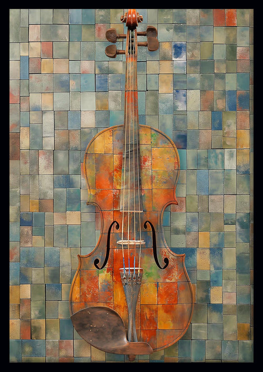 Rustic Violin Against Colorful Tile Wall Canvas Print & Poster – T690 – AiPrintLab