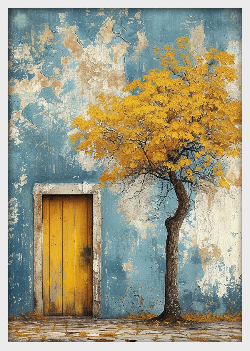 Rustic Yellow Door with Autumn Tree Canvas Print & Poster – T1459 –