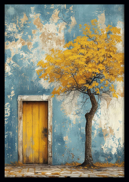 Rustic Yellow Door with Autumn Tree Canvas Print & Poster – T1459 –
