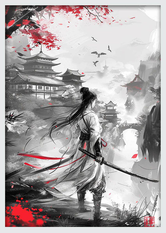 Samurai Warrior in Misty Mountains – Japanese Ink Style Poster & Canvas Wall Art – T1008 – AiPrintLab
